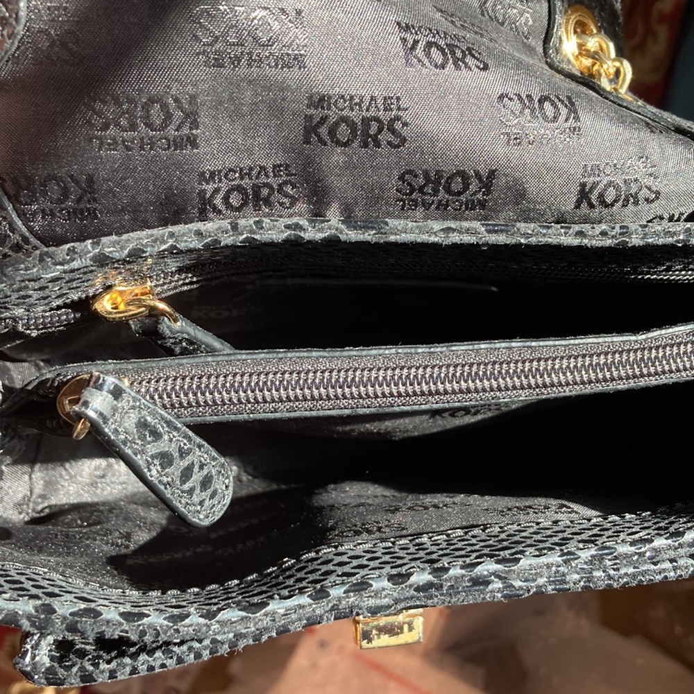 Michael Kors woman’s black embossed over the shoulder purse NWOT. Gold hardware. - Picture 6 of 7